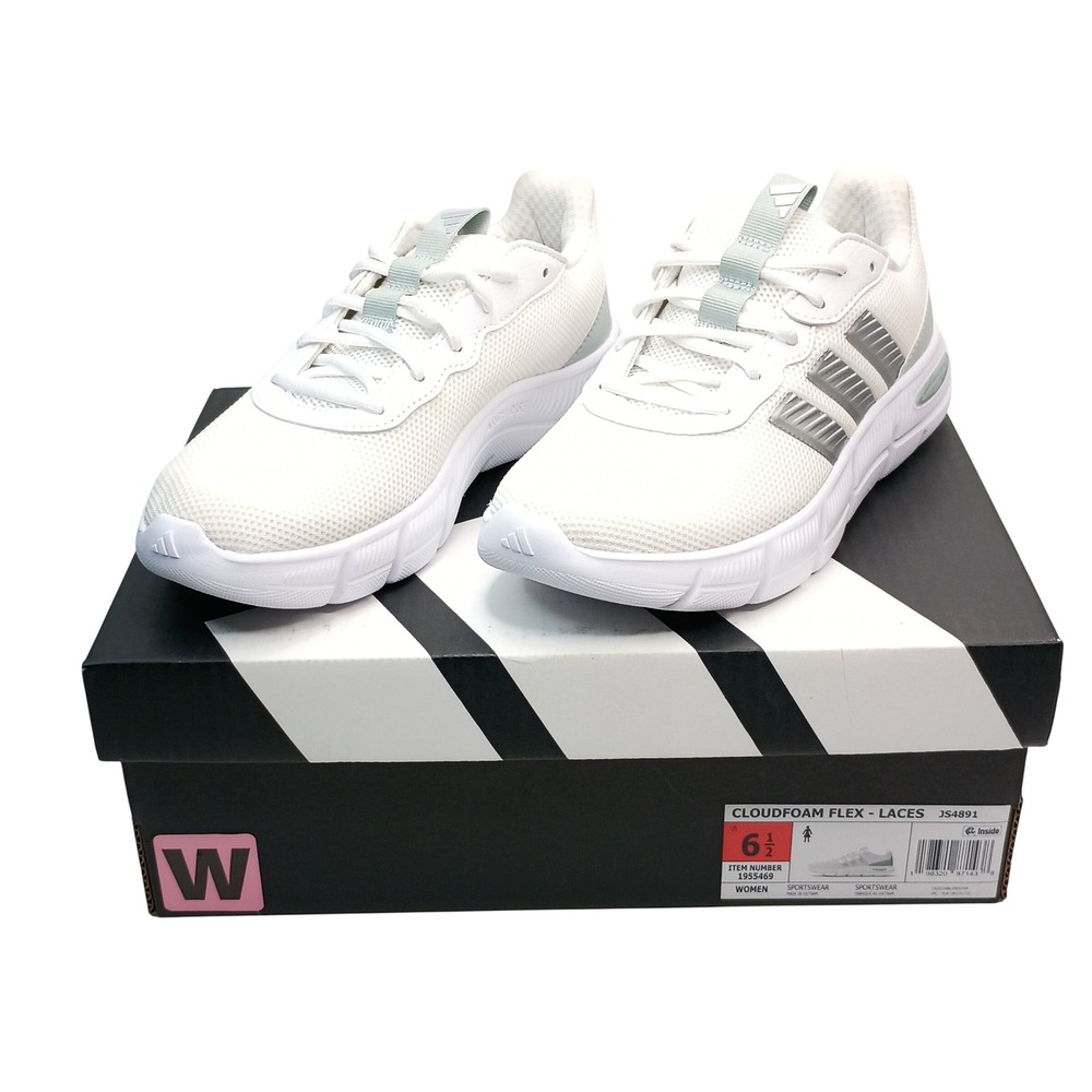 Adidas Cloudfoam Flex Laces Women Size 6.5 White Silver Sneakers JS4891